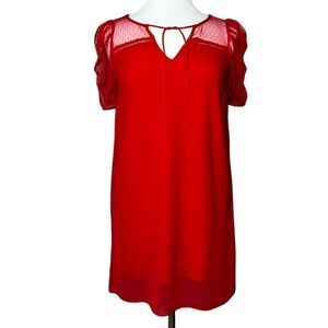 NAF NAF Swiss Dot Mesh Puff Sleeve Chiffon Shift Dress Lipstick Red